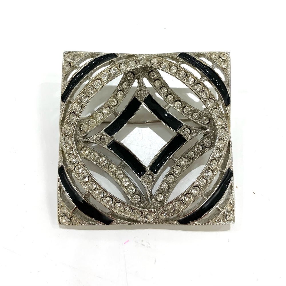 Vintage Geometric Silver and Black Crystal Brooch